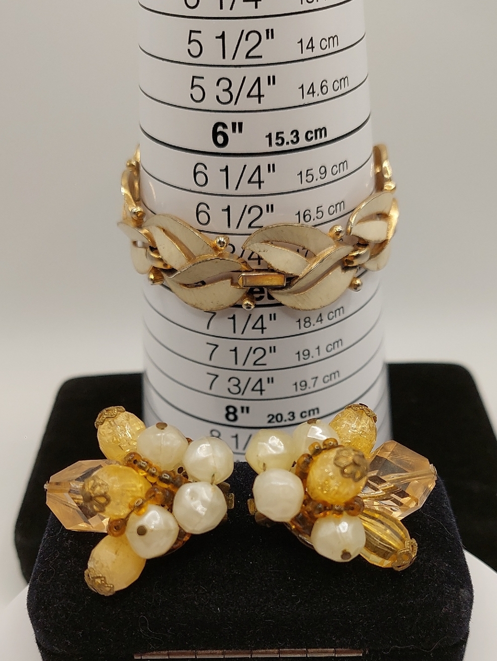 TRIFAR enamel Bracelet + W. GERMANY Pearl Cluster Earrings Set